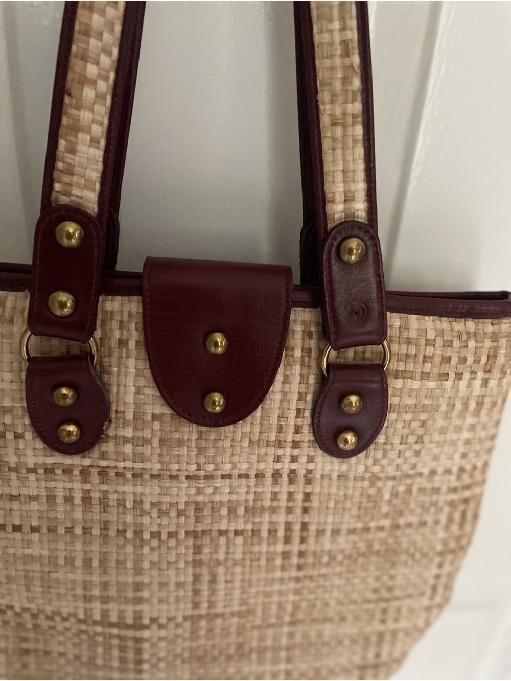 Vintage Aigner Woven Straw Tote Bag with Burgundy Trim - Picture 3 of 5
